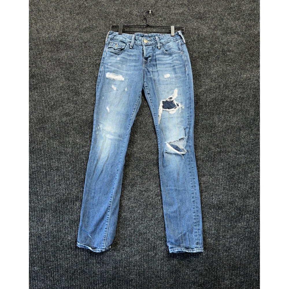 True Religion Straight Leg Jeans Womens 24 Blue Distressed Button Fly USA